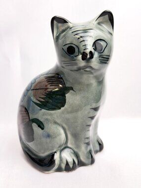 Tonala Mexican Folk Art Hand Painted Pottery Kitty Cat 6” Figurine Signed
